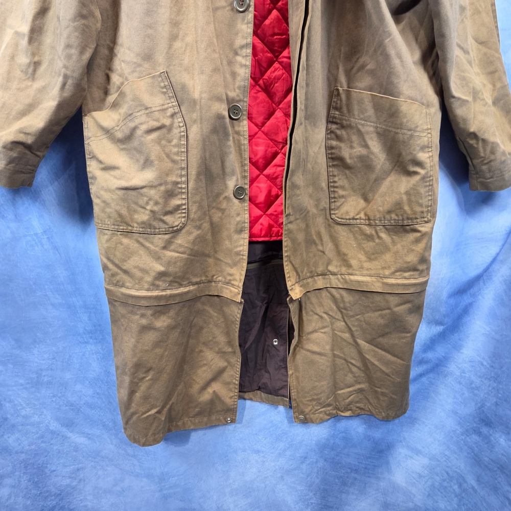 Vintage Marlborough Brown Canvas Duster Coat Leather Collar Red Quilted Liner XL - Picture 3 of 12